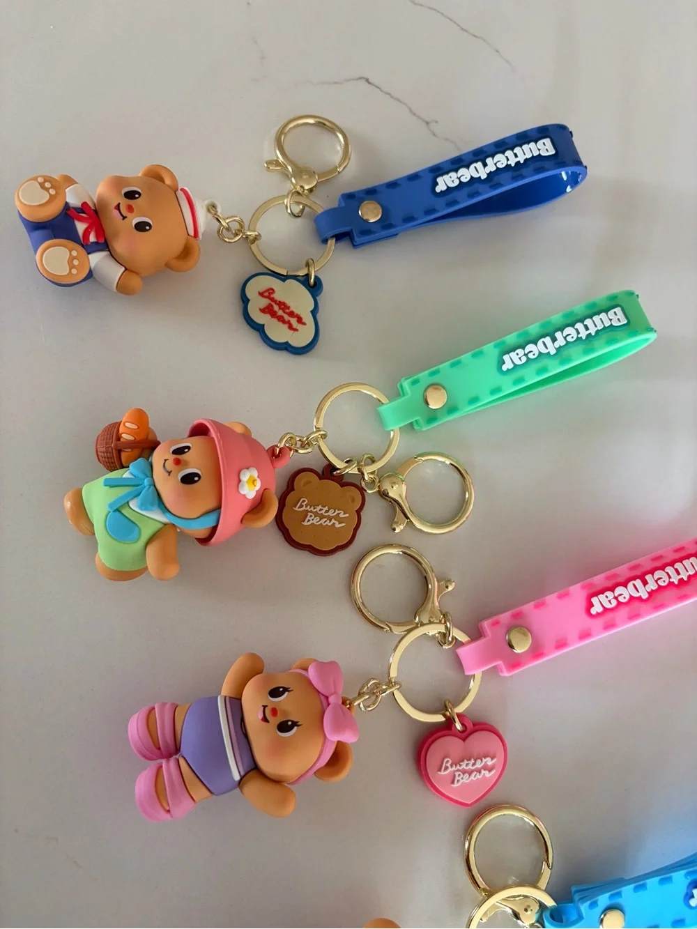 Adorable Butter Bear Keychain Set, Pink, Green, Blue Straps - Series 2 FULL SET